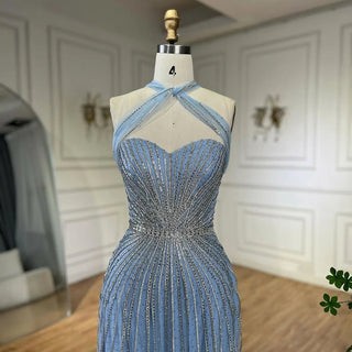 Dubai Azure: 2024 Turquoise Spaghetti Strap A-Line Luxury Beaded Evening Dress - Gown for Women's Wedding Party