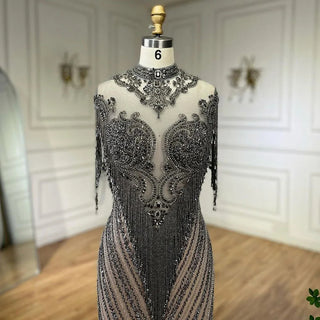 Dubai Luxury High-End Evening Dress 2024 - Champagne Grey with Beaded Tassel Detailing, Formal Attire