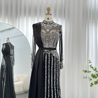 Luxury Crystal Dubai Muslim Evening Dress with Overskirt: Gray Arabic Formal Dresses for Women at Wedding Parties