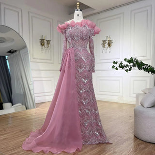 Elegant Peach Mermaid Arabic Evening Dress 2024 - One Shoulder, Luxury Pearls, Beaded Gown for Women's Party