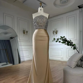 Saudi Arabic Gold Mermaid Evening Gown Crystal Beaded Dress for Occasion