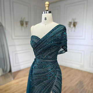 2024 Green Mermaid High Split One Shoulder Beaded Evening Dress: Gowns for Women's Wedding Party