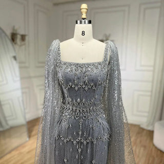 Ships in 1 to 3 Days - Bling Gray Mermaid Arabic Evening Dress with Cape Feather: Prom Formal Attire for Women's Wedding Party