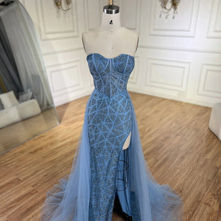 Ships in 1 to 3 Days - Arabic Turquoise Strapless High-Split Mermaid Beaded Luxury Evening Gown for Women Wedding Party 2024