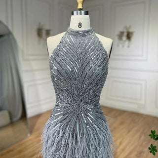 Dubai Halter Beige Feathers Beaded Formal Luxury Mermaid Evening Dress for Women Wedding Party 2024