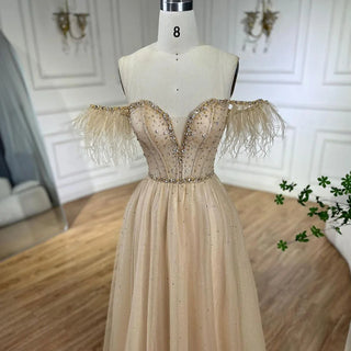 Ships in 1 to 3 Days - Dubai Arabic Elegant Lilac Feathers Beaded A-Line Evening Gown 2024 Luxury Dress for Women Long Party Dress