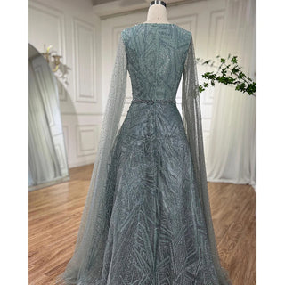 Blue Muslim A-Line Evening Dress 2024 with Cape Sleeves, Beaded Luxury - Ideal for Women's Wedding Party