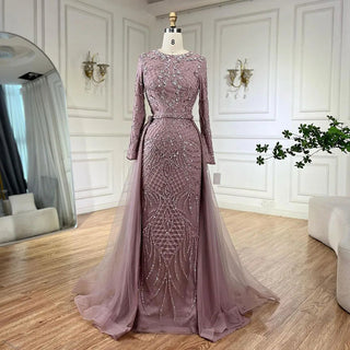 Ships in 1 to 3 Days - Silver Nude Mermaid Over Skirt Beaded Luxury Dubai Evening Dress Gown Long for Women Wedding Party 2024