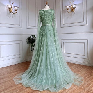 Mint Cape Sleeves A-Line Beaded Luxury Dubai Evening Dress: Long 2024 Celebrity Gown for Women's Party