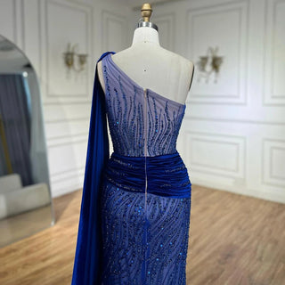 Ships in 1 to 3 Days - Blue Mermaid One Shoulder Elegant Cap Sleeve Beaded Luxury Evening Dresses: Gowns for Women's Party 2024