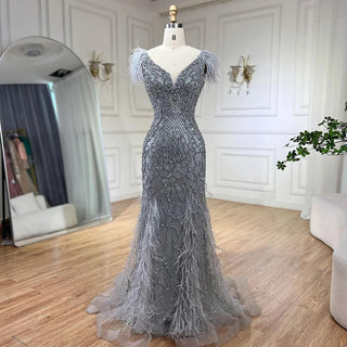 Champagne Mermaid Sleeveless Evening Dress: Elegant Formal Luxury with Diamond Feathers 2024