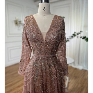 Gold A-Line Luxury Sexy Evening Dress 2024 - Pearls Crystal Long Sleeves Formal Gown