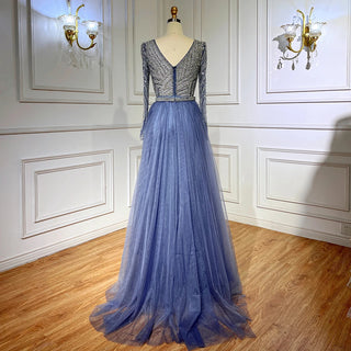 Sapphire Serenity: Elegant Beaded V-Neck Mermaid Gown in Blue Grey