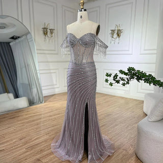 2024 Silver Nude Off-Shoulder Mermaid Elegant Beaded Tassel Evening Dresses Gown for Women Wedding Party