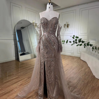 Chic Arabic Luxury Nude Mermaid Evening Dress with High Split, Beaded Feathers - Long 2024 Gown for Women's Wedding Party