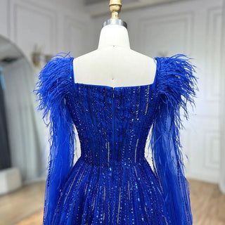 Luxury Dubai A-Line Blue Evening Dress with Cape Sleeves - Feathers Beaded Gown for Women's Wedding Party (2024)