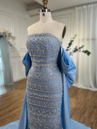 Arabic Sage Blue Elegant Mermaid Strapless Evening Dress: Beaded Sophistication for Women's Wedding Party 2024