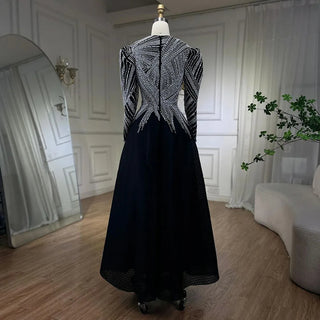 Luxury Black Short Muslim Evening Dress: 2024 Elegant A-Line Arabic Women's Party Prom Formal Dresses with Long Sleeves