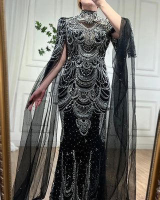 Ships in 1 to 3 Days - Luxury Dubai Mermaid Evening Gowns in Green with Cape Sleeves: Elegant Wedding and Party Attire for Arabic Muslim Women (2024)