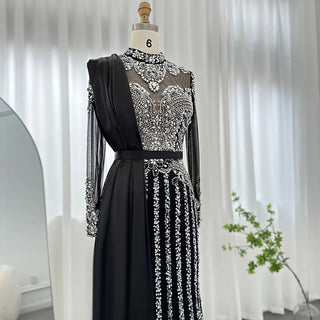 Luxury Crystal Dubai Muslim Evening Dress with Overskirt: Gray Arabic Formal Dresses for Women at Wedding Parties