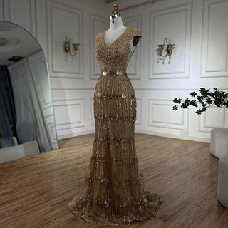 Ships in 1 to 3 Days - Luxury Dubai Arabic Mermaid Gold Elegant Tassel Beaded Evening Dresses Gowns for Women's Wedding Party 2024