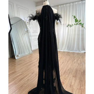 Gray Beaded Arabic Midi Ankle-Length Evening Dress with Cape Feather Gown: Elegant Attire for Women's Wedding Party 2024