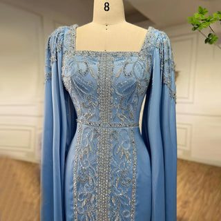 Blue Muslim Elegant Mermaid Evening Dress: Cape Sleeves, Arabic Beaded Gowns for Women's Wedding Party 2024