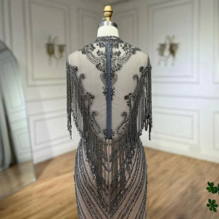 Dubai Luxury High-End Evening Dress 2024 - Champagne Grey with Beaded Tassel Detailing, Formal Attire