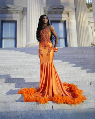 Elegant Orange Satin Mermaid Gown with Beaded Bodice and Feather Trim