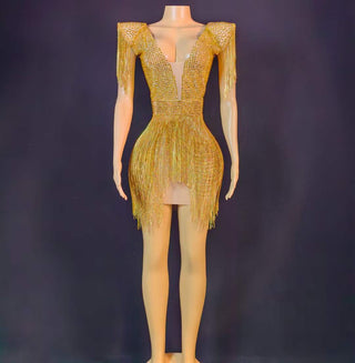 Luxurious Deep V-Neck Gold Beaded Mini Dress with Fringe Details