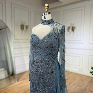 Ships in 1 to 3 Days - Arabic Blue Mermaid Evening Dress with High Split and Beading - Women's Wedding Party Gown (2024)