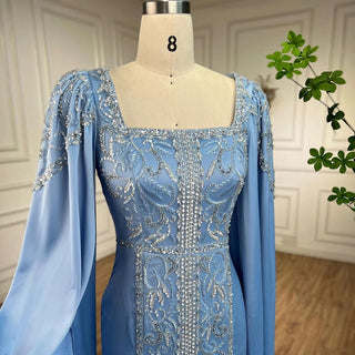 Blue Muslim Elegant Mermaid Evening Dress: Cape Sleeves, Arabic Beaded Gowns for Women's Wedding Party 2024