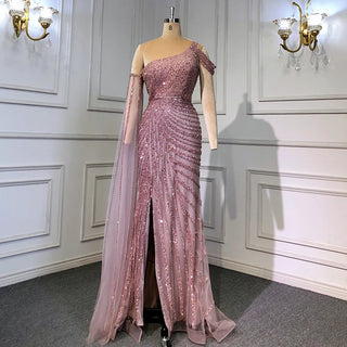 Ships in 1 to 3 Days - Pink One-Shoulder Mermaid Evening Dresses with Cape Sleeve: Luxury Dubai Mint Green Formal Dress for Wedding Party