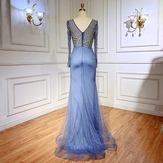 Ships in 1 to 3 Days - Sapphire Serenity: Elegant Beaded V-Neck Mermaid Gown in Blue Grey Party 2024