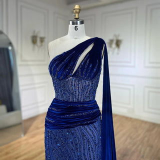 Ships in 1 to 3 Days - Blue Mermaid One Shoulder Elegant Cap Sleeve Beaded Luxury Evening Dresses: Gowns for Women's Party 2024