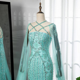 Ships in 1 to 3 Days - Arabic Luxury Dubai Mermaid Blue Evening Gown with Cape Sleeves and Beading for Women's Party 2024