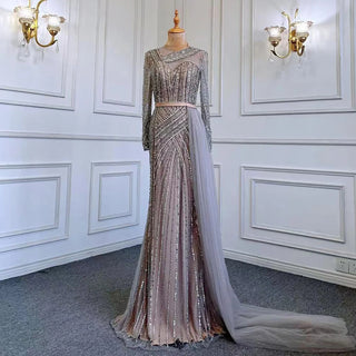 2024 Muslim Gold Mermaid Evening Gown: Elegant Beaded Luxury with Dubai-Inspired Design for Women's Wedding Parties