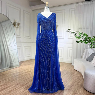 Ships in 1 to 3 Days – Arabic Mermaid Blue Beaded Elegant Cape Sleeves Luxury Evening Dress Gown for Women Wedding Party 2024