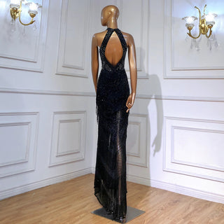 Mermaid Tassel Luxury Halter Evening Dress: Rhinestones, Pageant Gown, Sleeveless, Slit