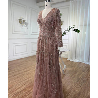 Gold A-Line Luxury Sexy Evening Dress 2024 - Pearls Crystal Long Sleeves Formal Gown