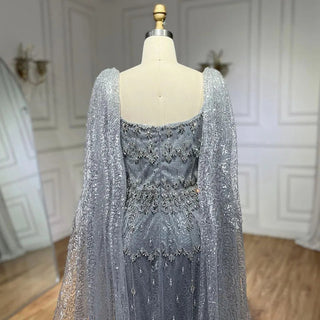 Ships in 1 to 3 Days - Bling Gray Mermaid Arabic Evening Dress with Cape Feather: Prom Formal Attire for Women's Wedding Party