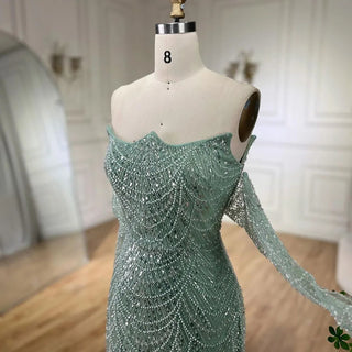 Dubai Arabian Green Luxury Evening Gown 2024 - Strapless Mermaid Dress with Gloves for Women's Wedding Parties