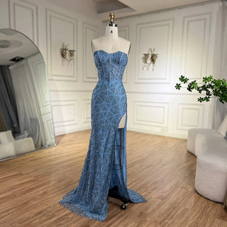 Ships in 1 to 3 Days - Arabic Turquoise Strapless High-Split Mermaid Beaded Luxury Evening Gown for Women Wedding Party 2024