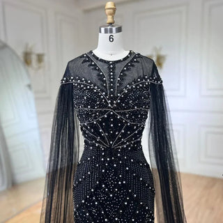 2024 Dubai Arabic Black Mermaid Elegant Cape Sleeves Beaded Luxury Evening Dresses Gown Women Wedding Party