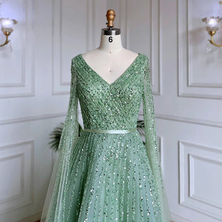 Mint Cape Sleeves A-Line Beaded Luxury Dubai Evening Dress: Long 2024 Celebrity Gown for Women's Party