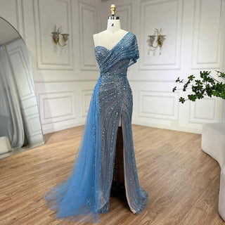 2024 Green Mermaid High Split One Shoulder Beaded Evening Dress: Gowns for Women's Wedding Party