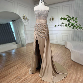 High Split Mermaid Nude Evening Dress 2024: Sexy Strapless Gown with Crystal Beading