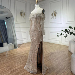 Ships in 1 to 3 Days - Arabic Nude Mermaid One-Shoulder Beaded Luxury Dubai Evening Dress - Gown for Women's Wedding Party 2024