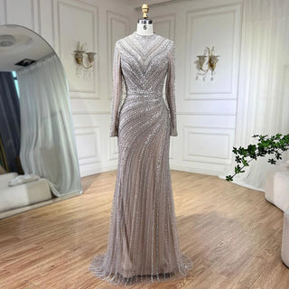 Luxury Silver Mermaid Dubai Evening Dress with Cape: Heavy Beaded Detail, Slit Prom Dresses for Women at Wedding Parties