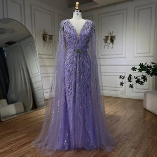 Ships in 1 to 3 Days – Dubai's Luxe Elegance: Sage Green Evening Dresses with Cape, Fuchsia Crystal, and Gold Accents for Women's Weddings and Formal Parties (2024)